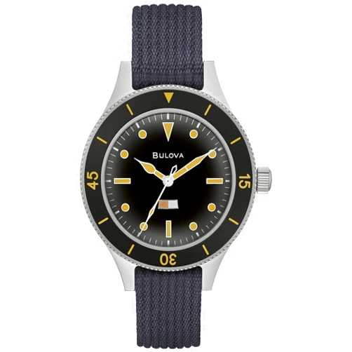 Bulova Men's Archive Series MIL-SHIPS-W-2181 Stainless Steel 3-Hand Hack Automatic Watch, Grey Nylon Strap and Black Matte Dial Style: 98A266