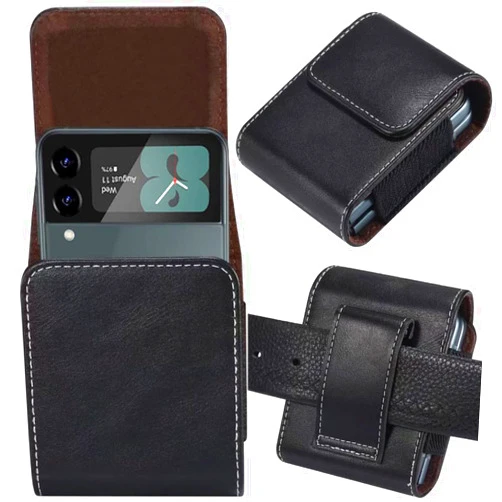 Miimall for Samsung Galaxy Z Flip 5/4/3 Phone Pouch Holster Belt Case, Leather Pouch with Metal Clip for Phone Holster Case for Galaxy Z Flip 5, Flip 4, Z Flip 3, Z Flip, Motorola Moto Razr 2023 Case