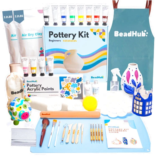 BeadHub Pottery Kit for Beginners, 4.4Lbs Air Dry Clay for Adults with Sculpting Tools, Paint, Glaze, Air-Dry Modeling Clay Molding, Sculpt & Painting Set, Hobby Date Night DIY Art Craft Kits (White)