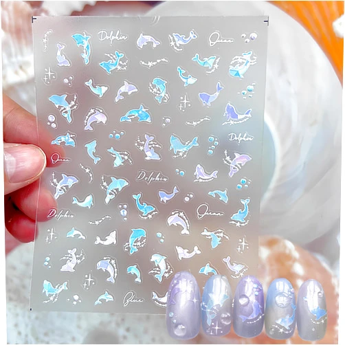 WEIXIWUYU 1Sheets Dolphin Nail Art Sticker, 5D Embossed Ocean Nail Stickers Adorable Dolphin Dream Nail Art Design Decals Dolphin Pearl Nail Art Supplies for Nail Art Summer for Women Girls DIY Nail Decoration