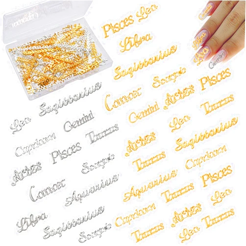 BENOSPACE 60 Pcs Twelve Zodiac Word Message Nail Charm Constellation Pendant Alloy Flatback Epoxy Resin Supplies Filling DIY Embellishment Jewelry Making Accessory(Gold and Siliver), M-38