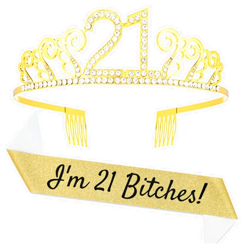 Zipoka 21st Birthday Sash and Tiara - Gold Premium 21st Birthday Decorations for Her - Happy 21 Birthday Sash - 21 Birthday Decorations for Her