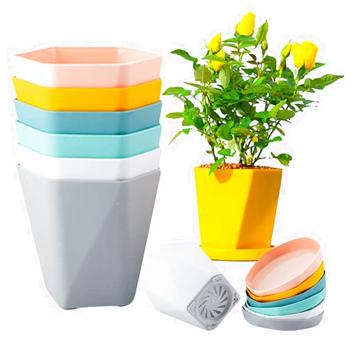 EBUYOM 5 Inch Plastic Plant Pot with Drainage Hole and Tray,Set of 6 Flower Pot Gardening Planter with Saucer for All House Garden Plants,Flowers,Succulents,Herbs (Multi-Color)