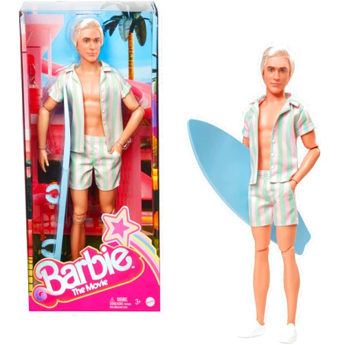 Barbie The Movie Ken Doll Wearing Pastel Pink and Green Striped Beach Matching Set with Surfboard and White Sneakers