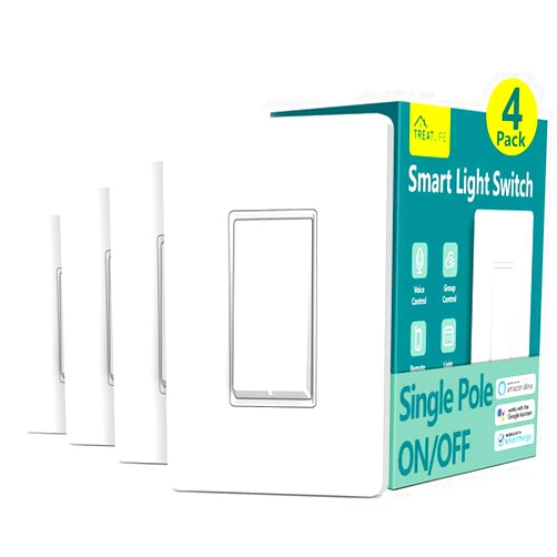 TREATLIFE Smart Light Switch Single Pole Smart Switch Works with Alexa, Google Home and SmartThings, 2.4GHz Wi-Fi Timer Light Switch, Neutral Wire Required, No Hub Required, FCC Listed, 4 Pack