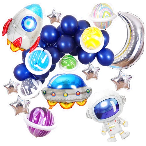 SKRCUI Outer Space Party Decorations Balloons kit, Space Birthday Party Supplies UFO Rocket Astronaut Moon Star Navy Blue Metallic Foil Balloons for Space Themed Birthday Party Supplies