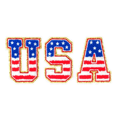 Zecamin 3 PCS USA Flag Chenille Patches, Self Adhesive Gold Border Glitter Varsity Embroidered Patch, Sew On/Iron On Repair Patch Applique for Clothes, Dress, Hat, Jeans, DIY Accessories
