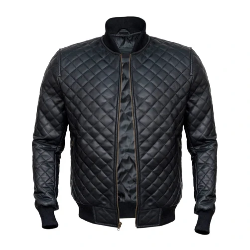 Rabbaniz Men's Black Quilted Bomber Jacket - Diamond Quilted Black Bomber Leather Jacket