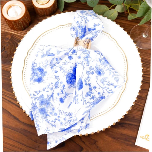 TABLECLOTHSFACTORY 5 Pack White Blue Chinoiserie Floral Print Satin Cloth Dinner Napkins, Wrinkle Resistant Table Napkins - 20