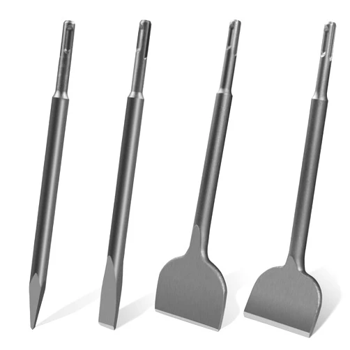 Konvixon 4Pcs SDS Plus Chisels Set, 3” x 10”Flat & 20° Bent Tile Removal Bits， Point & 0.8” x 10”Narrow Flat Chisel in 40Cr Alloy Steel, Fits Most Rotary Hammers & Impact Drills