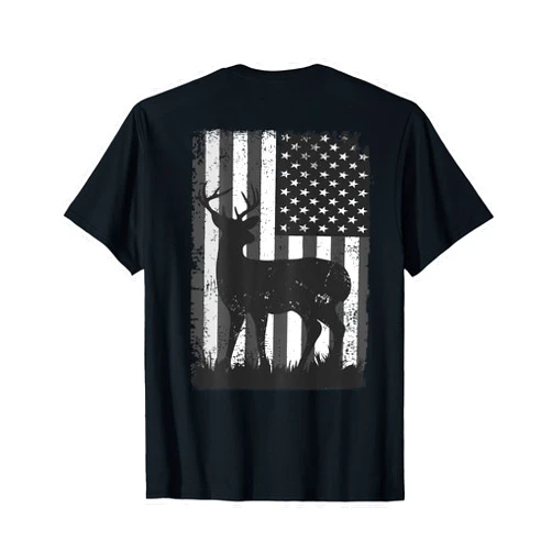 Deer Hunter Camouflage American Flag (Print on the Back) Deer Hunting Camo T-Shirt