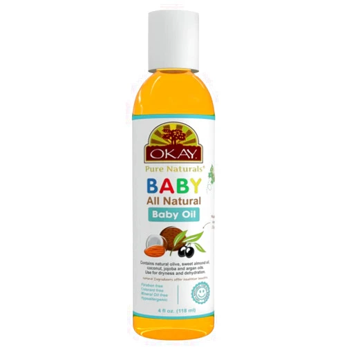 OKAY Pure Naturals Baby Oil - Baby Oil for Newborn, Hair & Body Oil for Dry Skin, Scalp, Bath, Shower, with Jojoba, Coconut, Almond & Olive, Unscented, Fragrance Free - 4 Fl Oz (Pack of 1)