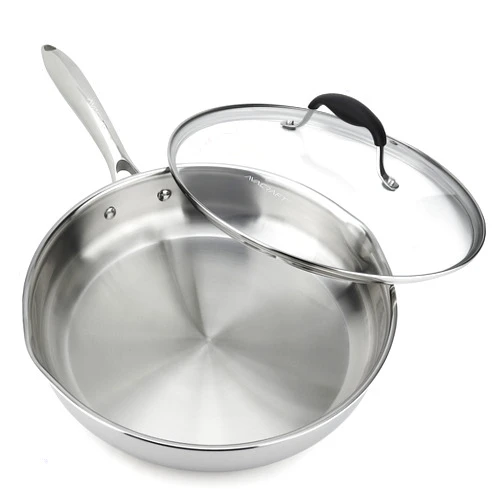 AVACRAFT 18/10 12 Inch Stainless Steel Frying Pan with Lid, Side Spouts, Induction Pan, Versatile Stainless Steel Skillet, Fry Pan in our Pots and Pans (Stainless Steel, 12 Inch)