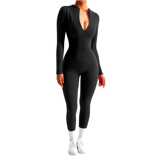 SUUKSESS Women Long Sleeve Ribbed Jumpsuit Zip up Front Workout Bodycon Romper
