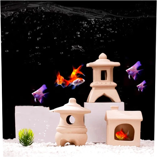 XEOGUIYA Ceramics Aquarium Decorations 2 Pieces, Betta Fish Tank Accessories for Fish Cave Hide, Quadrangular Tower Cave Aquarium Decor for Aquarium Shrimp Cichlid