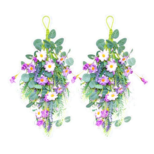 MODUDY 2Pack Lavender Teardrop Floral Swag,Artificial Lavender Daisy Floral Swag Wreath,Front Door Teardrop Wreath Wall Hanging Teardrop Artificial Floral Swag Wreath