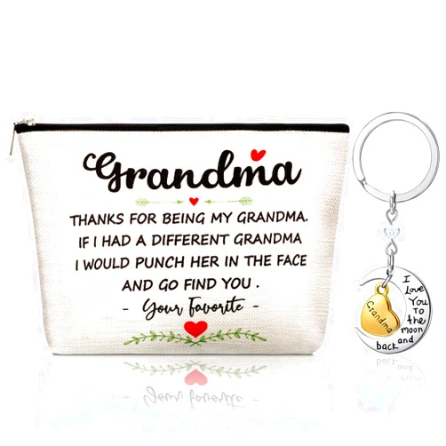 Frienda 2 Pieces Grandma Presents Set, Includes Thanks for Being My Grandma Makeup Bag and Grandma Keychain Jewelry, Portable Travel Cosmetic Pouch for Mother's Day, Birthday Christmas Party Gifts