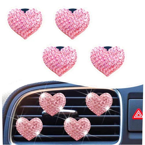 FEDOEY 4 PCS Bling Heart Air Vent Clips, Crystal Heart-shaped Aroma Diffusers, Car Air Conditioning Air Freshener Clips, Cute Car Interior Accessories for Women and Girls (Pink)