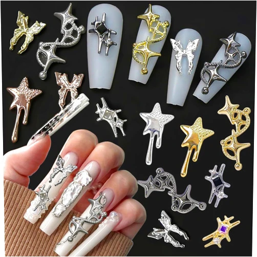 Jaliya 24pcs 3D Nail Charms Y2k Rose Gold Silver Star Charms for Nails Metal Butterfly Nail Art Charms Triple Star Nail Charms Alloy Rhinestones for Nails Punk Nail Charm Nail Jewels for Nail Art Supplies