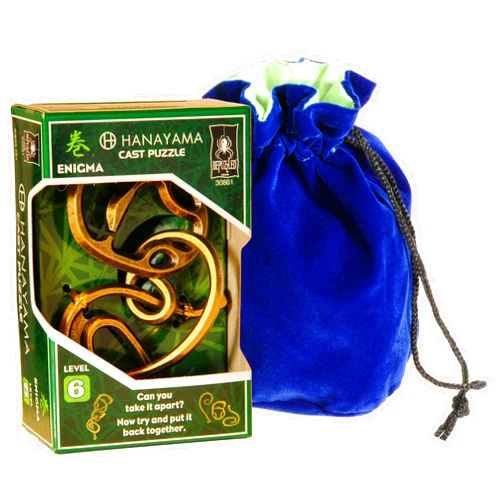 Deluxe Games and Puzzles Enigma Hanayama Cast Metal Brain Teaser Puzzle, Level 6 Difficulty, with Blue Velveteen, Satin Lined Drawstring Pouch