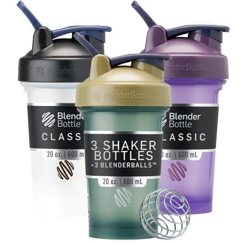 BlenderBottle Classic V2 Shaker Bottle Perfect for Protein Shakes and Pre Workout, 20-Ounce (3 Pack), Black, Tan/Blue, Purple