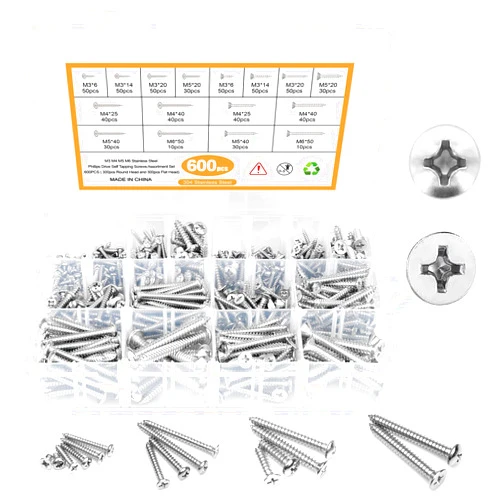 NANAKLAUS 600PCS M3 M4 M5 M6 Stainless Steel Wood Screws Assortment Kit, 16 Sizes Phillips Round & Flat Head Metal Screws Self Tapping Screws Set for Wood Deck Drywall Concrete Screws, Length 6mm to 50mm