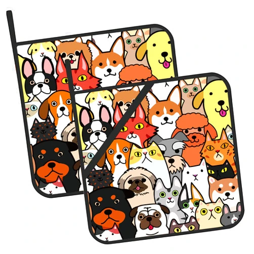 JASAKOO Dogs Cats Doodle Pot Holders Set of 2 Kitchen Heat Resistant Potholders for Microwave Cooking Baking Oven End Dishes and BBQ Gifts for Women