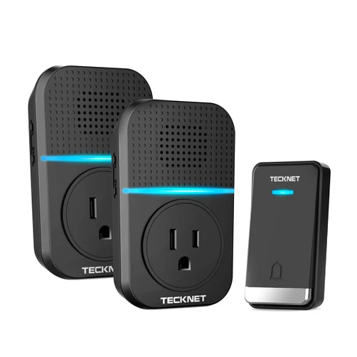 TECKNET Wireless Doorbell, Self-Powered Doorbell, 0-110db Plug-through Wireless Doorbell Ringer for Homes Classroom, IP66 Waterproof 1300ft Door Chime with Extra Socket, 60 Chimes, LED Light