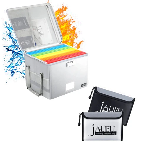 JALIELL Fireproof Document Box + Fireproof Money Bags, Professional Zipper and Night Reflective Strip, Non-Itchy Fire Proof/Waterproof Safe Box Bag