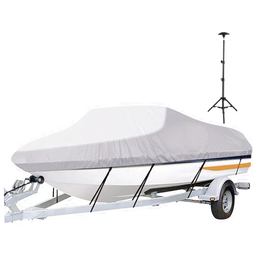 I COVER iCOVER Trailerable Boat Cover with Support Pole- 14'-16' Waterproof Heavy Duty Marine Grade Canvas Fits V-Hull-Fish&Ski-Pro-Style-Fishing Boat-Runabout-Bass Boat- up to 14ft-16ft Long and 68