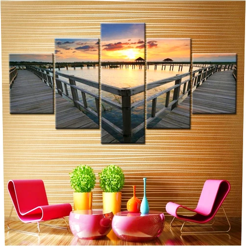 ASATTI 5 Piece Canvas Wall Art Beautiful Seascape Trestle With Sunset Nature Landscape HD Painting For Living Room Home Office Modern Wall Decor Framed Canvas Print Artwork Posters For Room Aesthetic