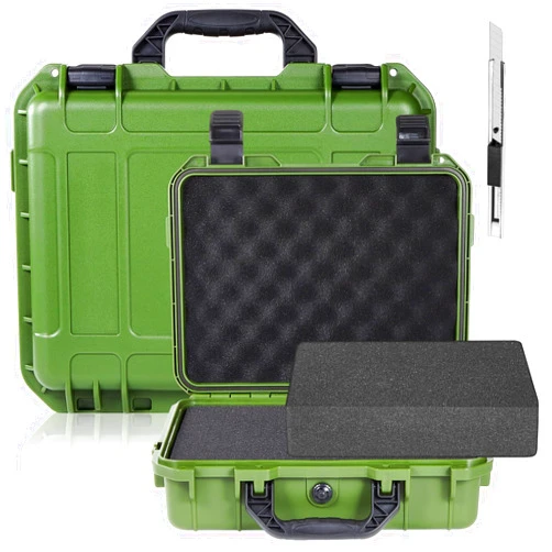 Relaxweex 1 Pcs 11.3 x 8.7 x 4.2 Inch Waterproof Hard Case with DIY Customizable Foam Insert Portable Protective Case with Knife for Camera Drones Equipments Tools Test Instruments (Green)