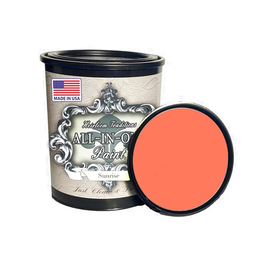 Heirloom Traditions Paint ALL-IN-ONE Paint, Sunrise (Orange Coral), 32 Fl Oz Quart. Durable cabinet and furniture paint. Built in primer and top coat, no sanding needed.