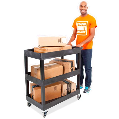 Stand Steady Tubstr 3 Shelf Utility Push Cart Supports Up to 300 lbs - Heavy-Duty Plastic Service Cart Great for Offices, Warehouse Storage, Garage Tools, and Kitchen Cleaning (Black, 32 x 18)
