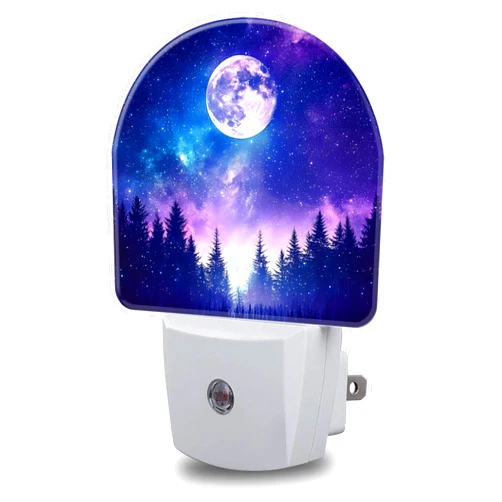 FOISIIAEA Moon Galaxy Star Night Light, Starry Sky and Forest Night Lights Plug into Wall Dusk to Dawn Sensor Round Nightlight for Women Men Energy Efficient Led Lamp 0.5W for Stairway Hallway Bedroom