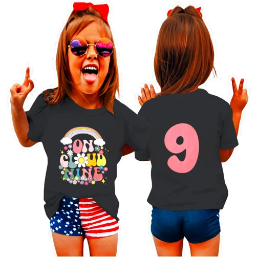 GLIGLITTR On Cloud Nine Birthday Girl Shirt 9th Girls Birthday Outfits Rainbow Kids 9 Year Old Tshirt Birthday Party Tee Tops