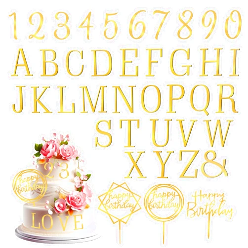 ZEYIYER 40PCS Gold Letters for Cake, Acrylic Cake Topper Letters, A-Z Alphabet and 0-9 Number for Cake Decorating, Happy Birthday Cake Toppers, DIY Personalized Name Cake Toppers for Birthday Party