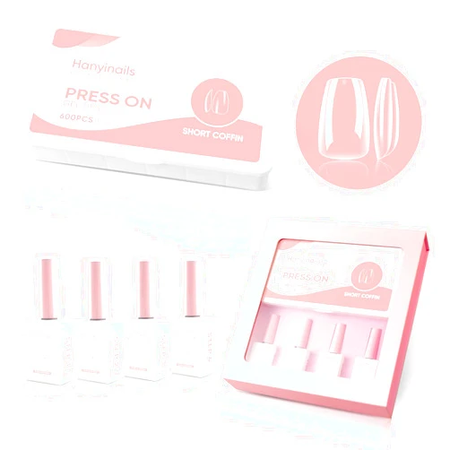 Hanyinails Press On Pro Nail Tips Bundles Set with dehydrator primer extend tip glue gel, top coat, Short Coffin 600Pcs Clear False Nail gel Tips Kit Premium Professional Nail Extension for Nail Salon