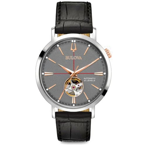 Bulova Men's Classic Aerojet 3-Hand Automatic Leather Strap Watch, Open Aperture, 40-Hour Power Reserve, Double Curved Mineral Crystal, 41mm