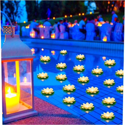 Liliful 36 Pcs Floating Lights Lotus Lifelike Artificial Floating Flowers for Pool with LED Lights Battery Operated Lily Pads Water Lanterns(3.94 Inch,White)