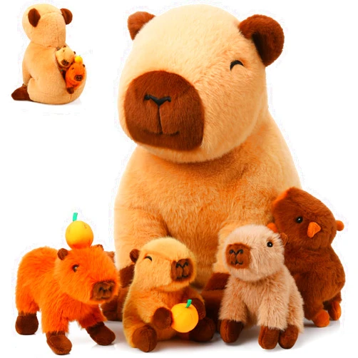 PullCrease 5 Pcs Capybara Stuffed Animals 15.75'' Capybara Mommy with 4 Cute Babies Set Soft Plushies for Girls Birthday Christmas Party Gift(Sitting)