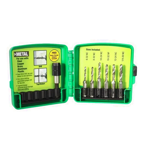 Generic DTAPKIT Metal Drill/Tap Kit for Greenlee，6-Piece Drill, Tap, and Deburring/Countersinking Set with Quick Change Adaptor，6-32 - 1/4-20 Drill and Tap Set