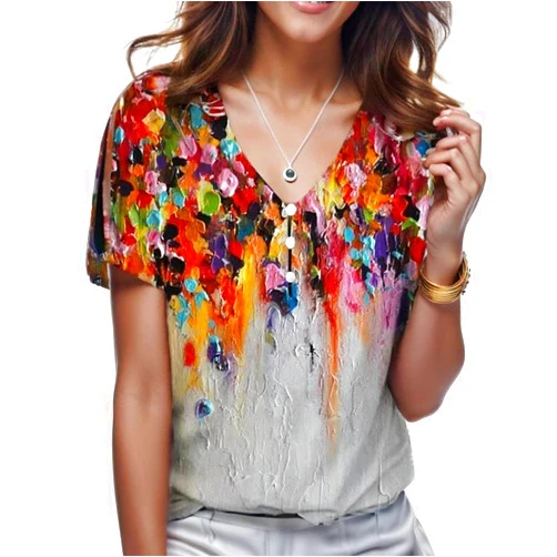 KABAZLE Summer Floral v Neck Flowy Tops for Women Trendy 2024 Short Sleeve Boho Tunic Ladies Dressy Casual Button up Blouses