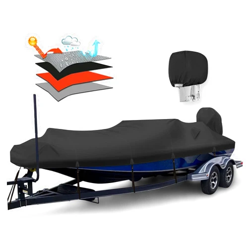 Solim Waterproof 1200D PU Boat Cover with Motor Cover, 17-19' Heavy Duty Marine Grade Trailerable Polyester Canvas, Fits 17-19ft Bass Boat, V-Hull, Runabout, Fishing, Ski Boat with Straps, Black