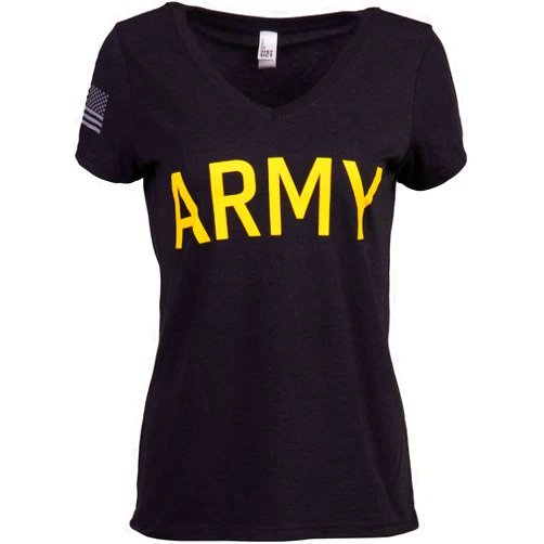Ann Arbor T-shirt Co. Army Women's V-Neck | U.S. Military Infantry Sleeve Flag Female Soldier T-Shirt Wife Mom Top