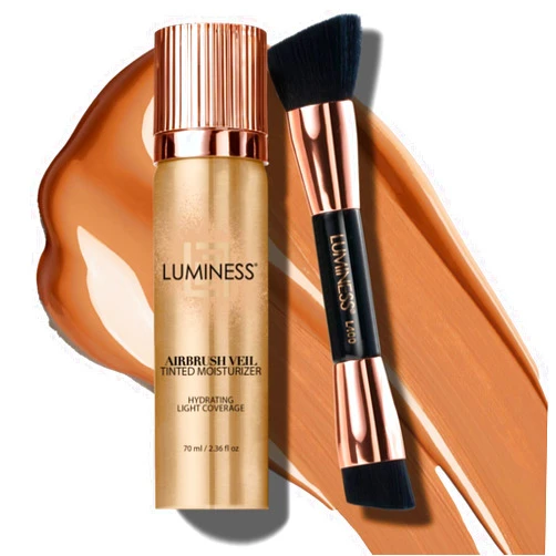 LUMINESS Airbrush Veil Tinted Moisturizer with Buffing Brush, Tan 100 - Lightweight, Hydrating & Skin-Plumping Face Moisturizer Spray - Facial Skin Tint with Hyaluronic Acid, Ceramides & Aloe