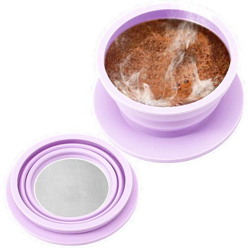 VVGCS Collapsible Paperless Pour Over Coffee Maker with Stainless Steel Mesh Filter, Silicone Camping Coffee Maker Pour Over for 1~2 Cup, Reusable Collapsible Travel Pour Over Coffee Dripper (Purple)
