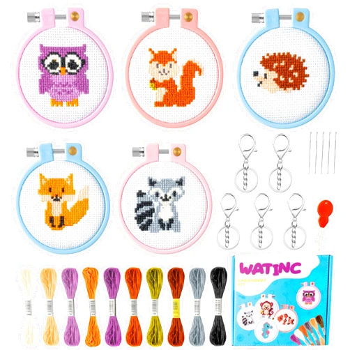 WATINC 5Pcs Embroidery Kit for Kids Stamped Cross Stitch DIY Key Chain with Woodland Animal Patterns Needlepoint Starter Kits Craft Supplies for Beginners Adults Schoolbag