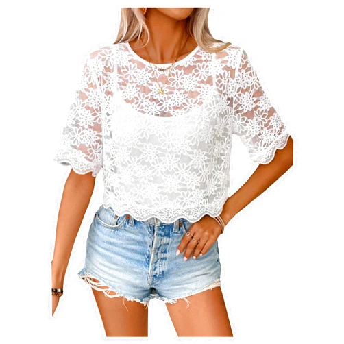 SweatyRocks Women Sexy Sheer Mesh Crop Tops Floral Embroided See Throught Short Sleeve T Shirt