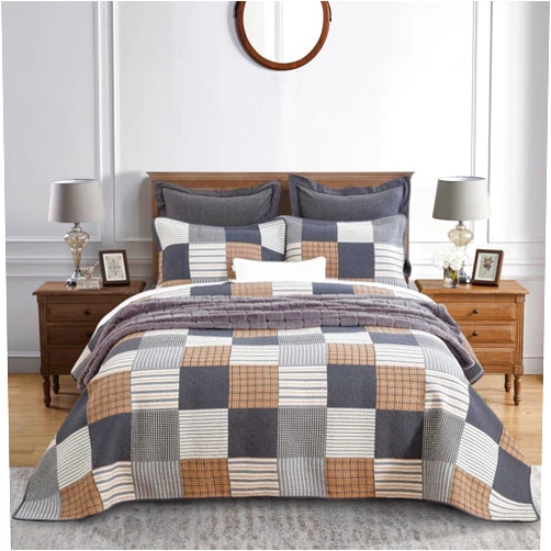 DAUAOTO 100% Cotton Quilt Set Queen Size,Farmhouse Patterned Bed Coverlet Reversible Bedspread Brown Gray Checkered